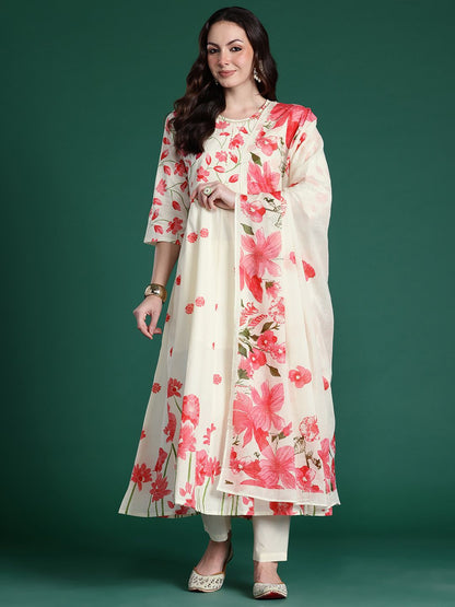 Floral Printed Regular Pure Cotton Kurta with Trousers & With Dupatta