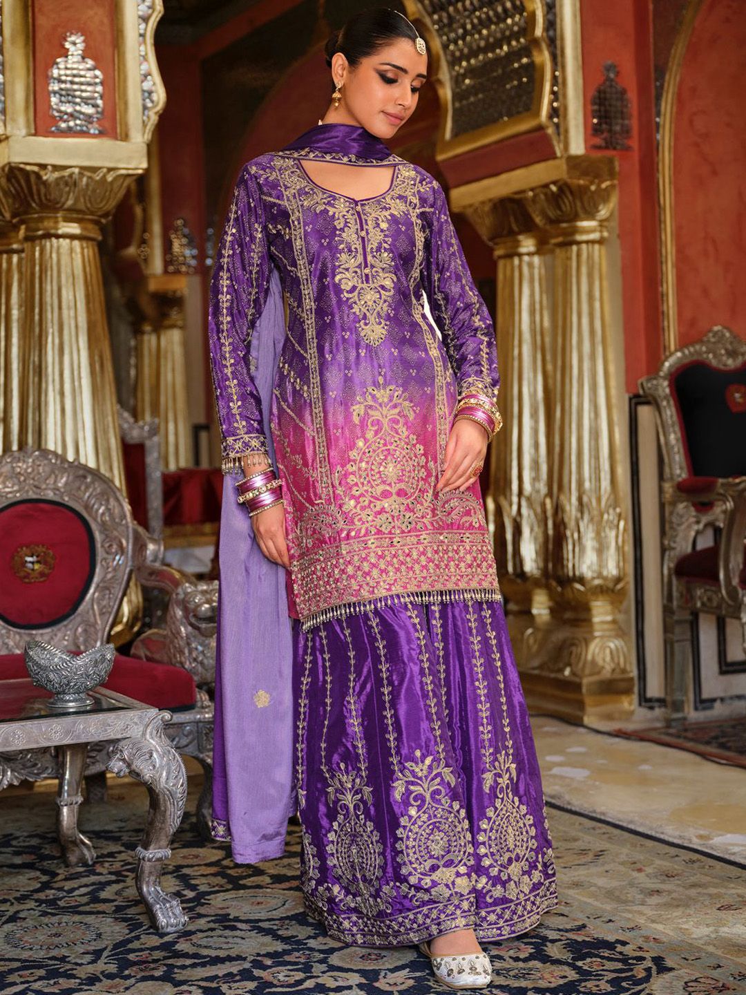 Dhiyona IE Women's Ethnic Motifs Embroidered Mirror Work Kurta with Palazzos & Dupatta