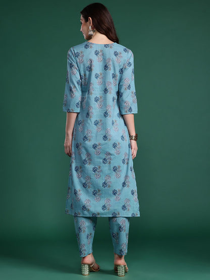 Dhiyona IE Floral Printed Regular Pure Cotton Kurta with Trousers