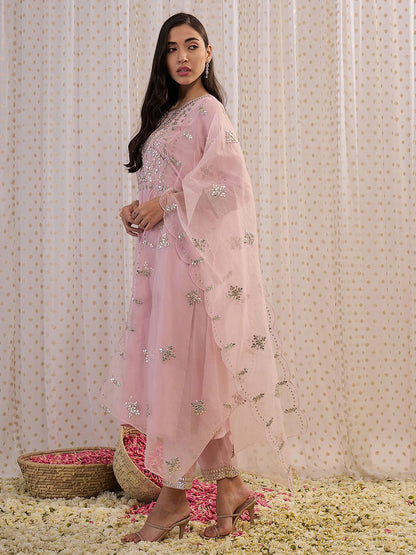 Pink Ethnic Motifs Embroidered Gotta Patti Kurta with Trousers & Dupatta