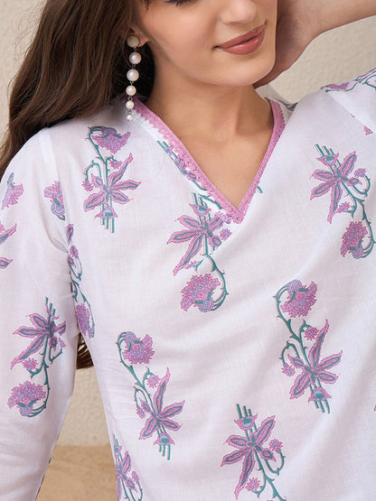 Dhiyona IE Floral Printed V-Neck Pure Cotton Kurta With Trousers