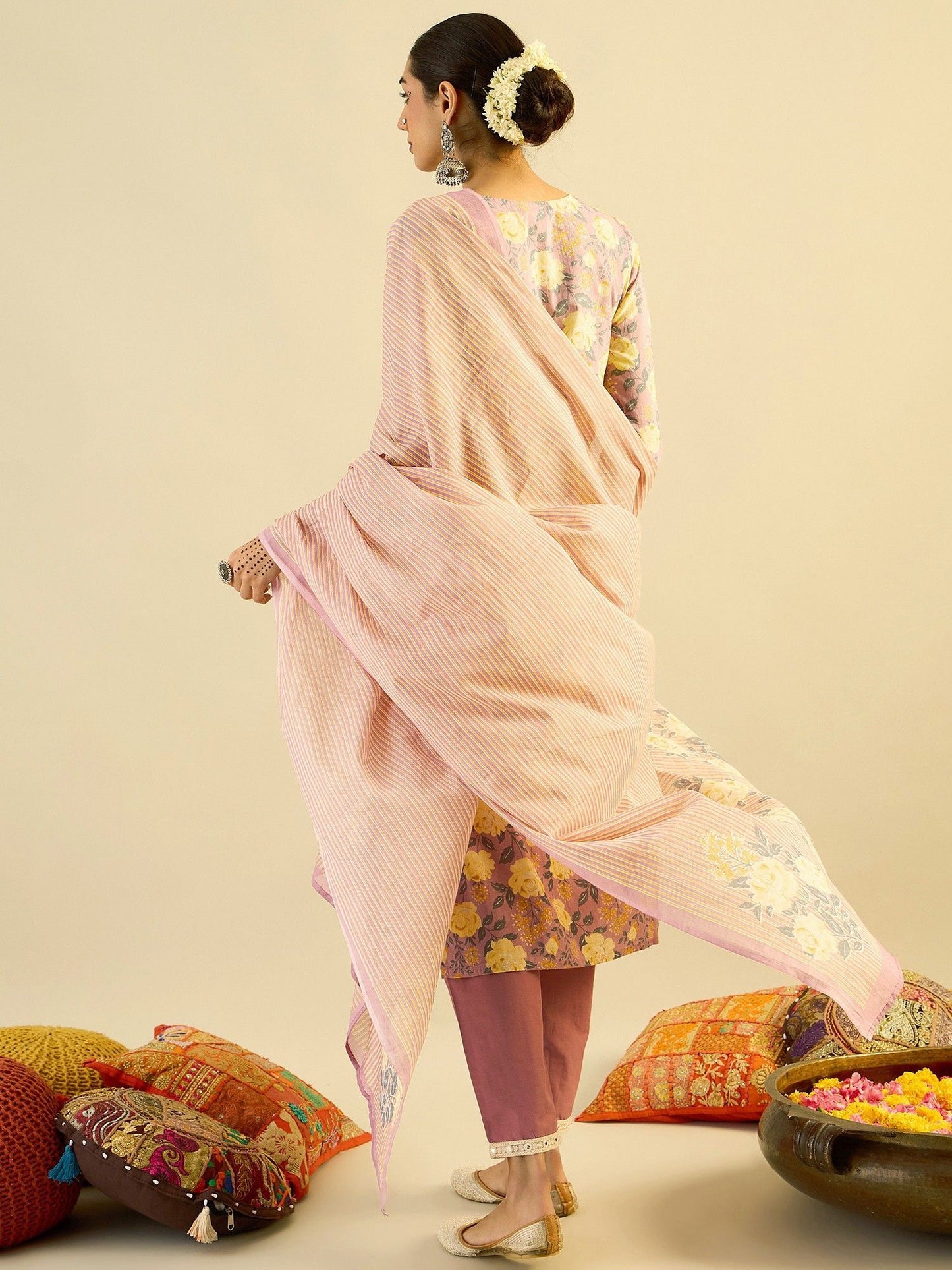 Floral Printed Embellished Pure Cotton Straight Kurta with Trouser And Dupatta