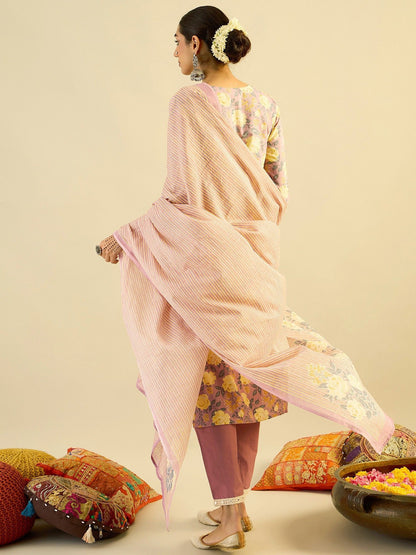 Floral Printed Embellished Pure Cotton Straight Kurta with Trouser And Dupatta
