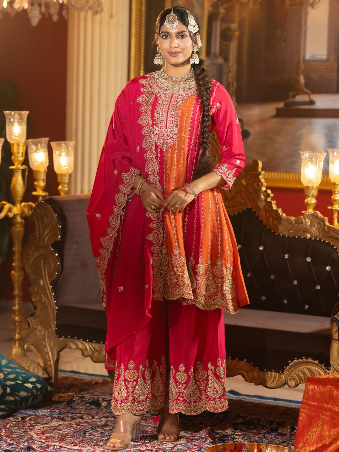 Women Ethnic Motifs Embroidered Regular Sequinned Kurta with Palazzos & With Dupatta