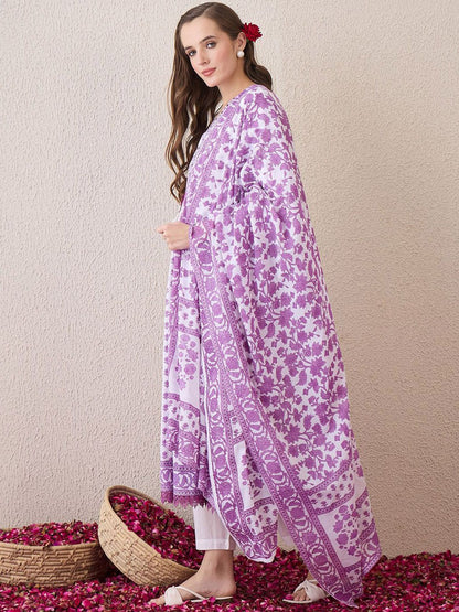 Dhiyona IE Floral Printed V-Neck Empire Pure Cotton Anarkali Kurta With Trouser And Dupatta