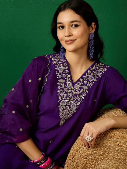Dhiyona SN Women's Purple Floral Embroidered V-Neck Sequinned Straight Kurta With Trouser & Dupatta