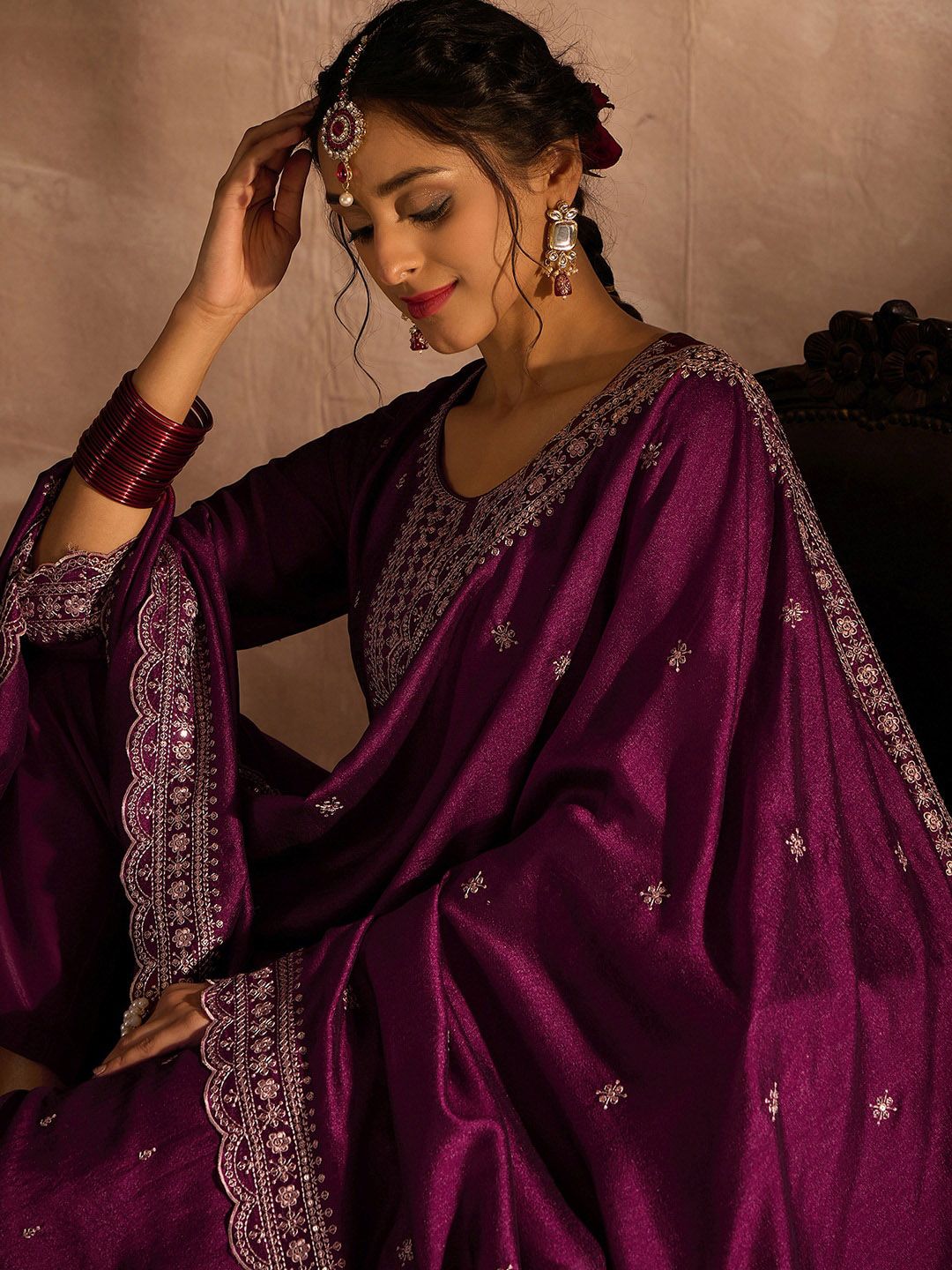 Dhiyona IE Ethnic Motifs Embroidered Thread Work Kurta with Trousers & Dupatta