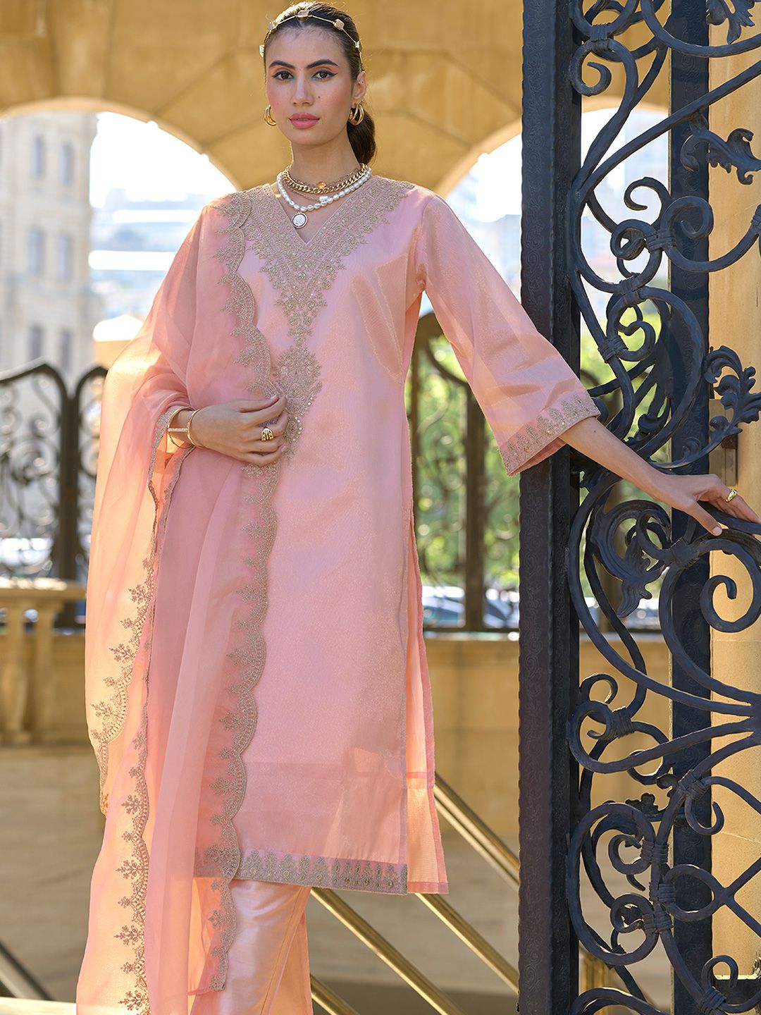 Women Ethnic Motifs Embroidered Regular Sequinned Kurta with Trousers & With Dupatta