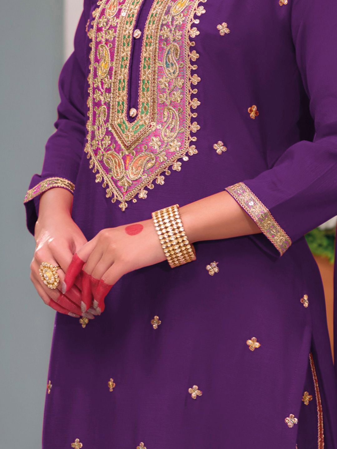 Floral Embroidered Sequinned Chinon Straight Kurta With Palazzos & Dupatta