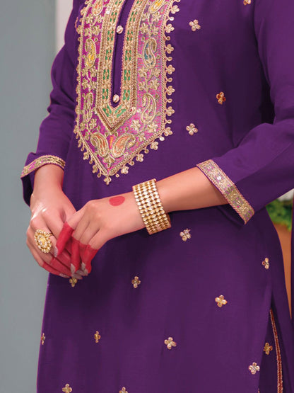 Floral Embroidered Sequinned Chinon Straight Kurta With Palazzos & Dupatta