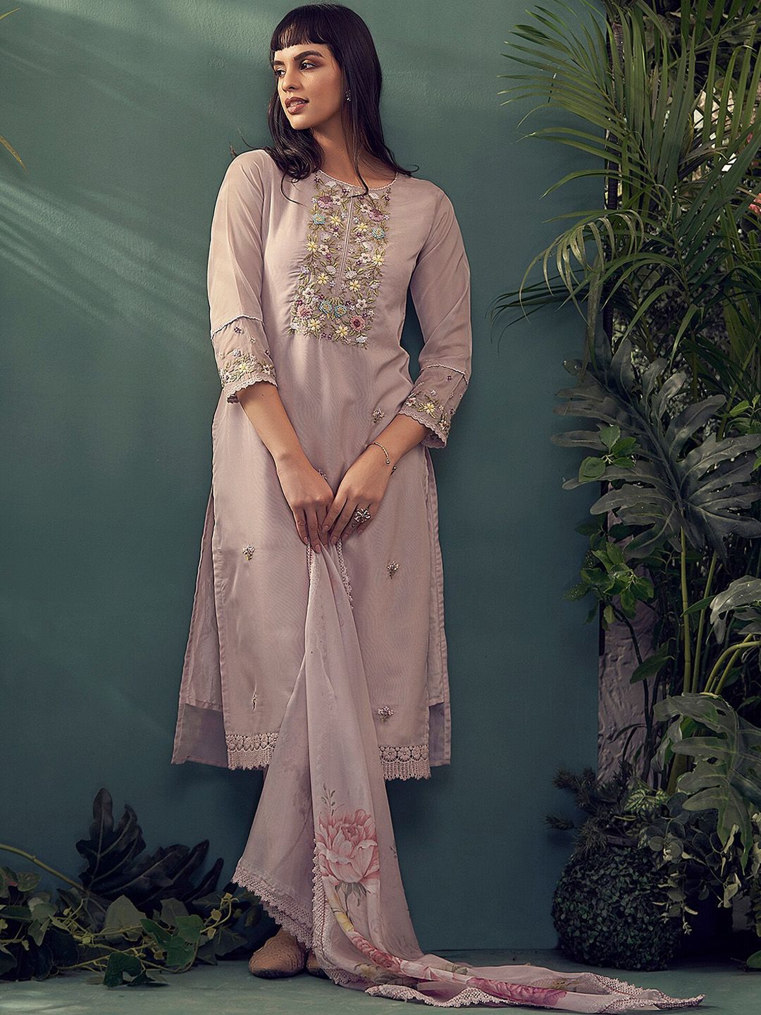 Floral Embroidered Thread Work Kurta With Trousers & Dupatta