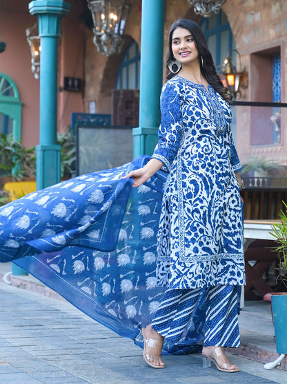 Dhiyona VA Women'sFloral Printed Notch Neck Straight Kurta With Trousers & Dupatta
