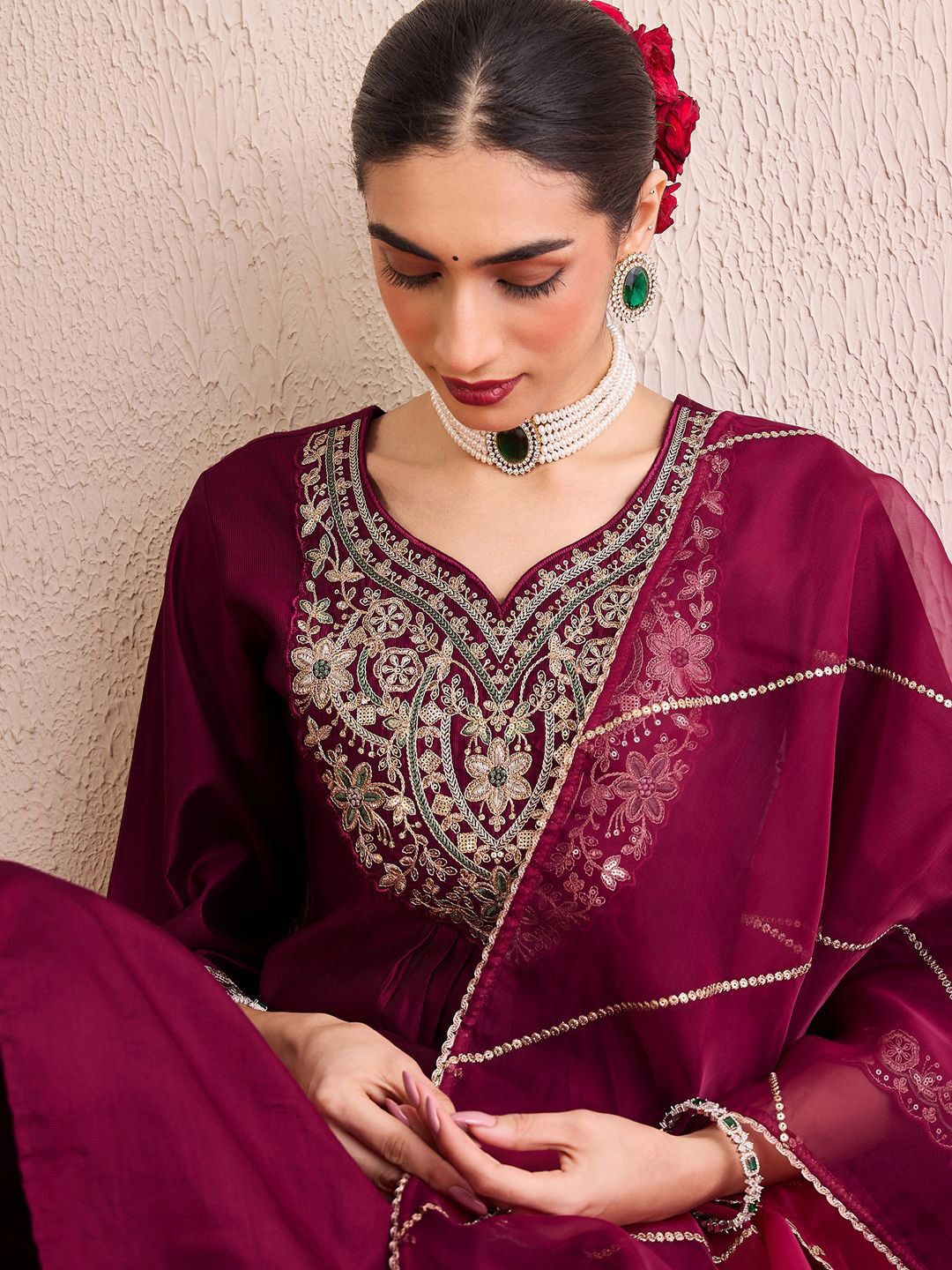 Women Floral Embroidered Pleated Thread Work Liva Kurta with Palazzos & With Dupatta