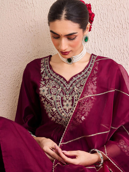 Women Floral Embroidered Pleated Thread Work Liva Kurta with Palazzos & With Dupatta