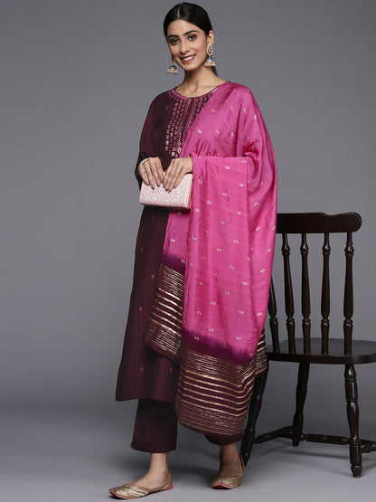 Dhiyona VA Women's Burgundy Floral Embroidered Sequinned Kurta with Trousers & Dupatta