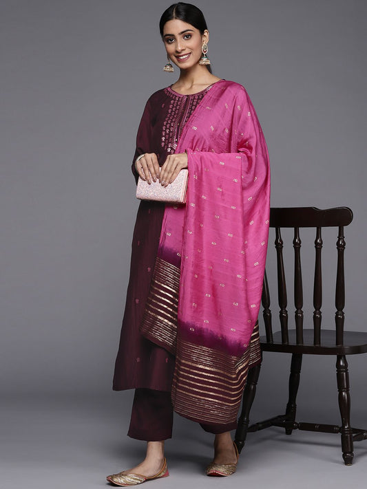 Dhiyona VA Women's Burgundy Floral Embroidered Sequinned Kurta with Trousers & Dupatta