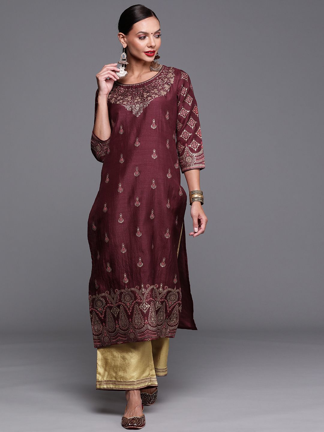 Women Maroon and Gold-Toned Ethnic Motifs Foil Print Kurta with Palazzos