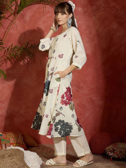 Women Floral Printed Regular Beads and Stones Pure Cotton Kurta with Trousers