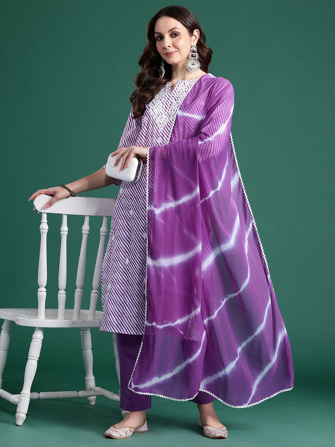 Dhiyona IE Leheriya Printed Thread Work Pure Cotton Kurta With Trousers & Dupatta