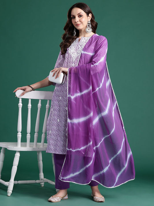 Dhiyona IE Leheriya Printed Thread Work Pure Cotton Kurta With Trousers & Dupatta