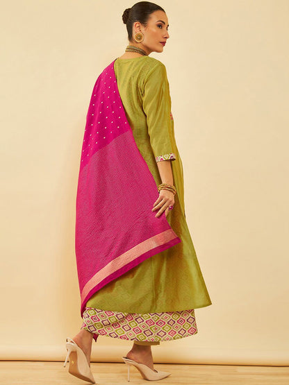 Dhiyona SO Women's Olive Floral Embroidered Thread Work Layered A-Line Kurta With Trousers & Dupatta