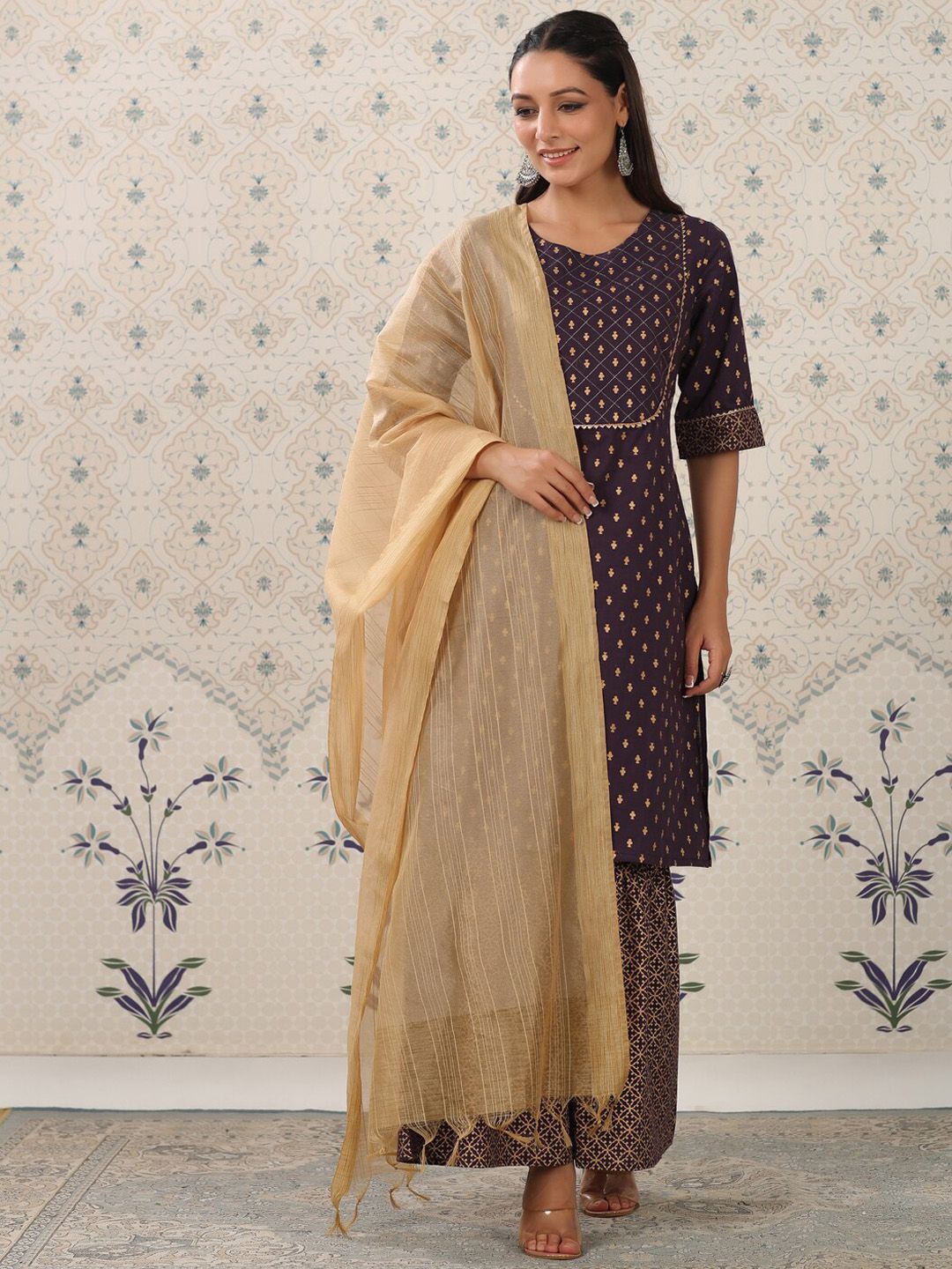 Dhiyona OD  Purple Floral Printed Pure Cotton Kurta With Sharara & Dupatta