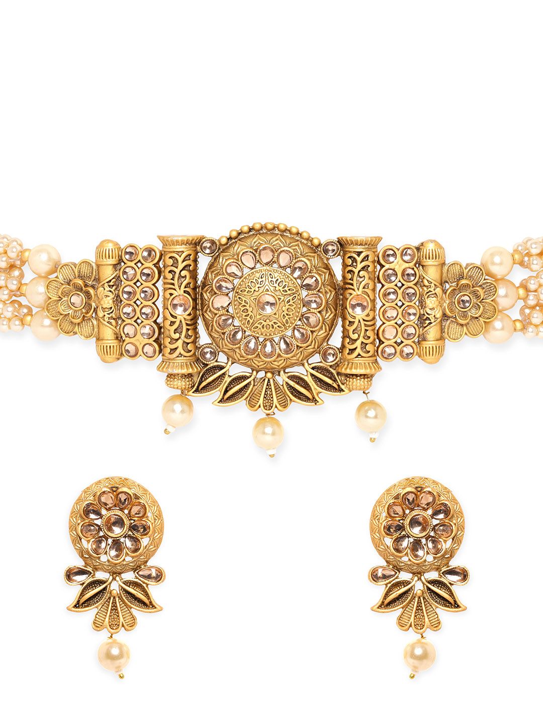 Dhiyona RJ Women's 22K Gold-Plated Pearl Beaded Multi-Strand Choker Set with Kundan & Floral Motifs