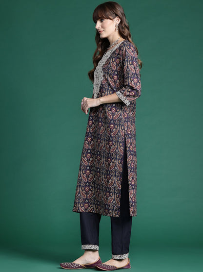 Paisley Printed Thread Work Pure Cotton Kurta With Trousers & Dupatta