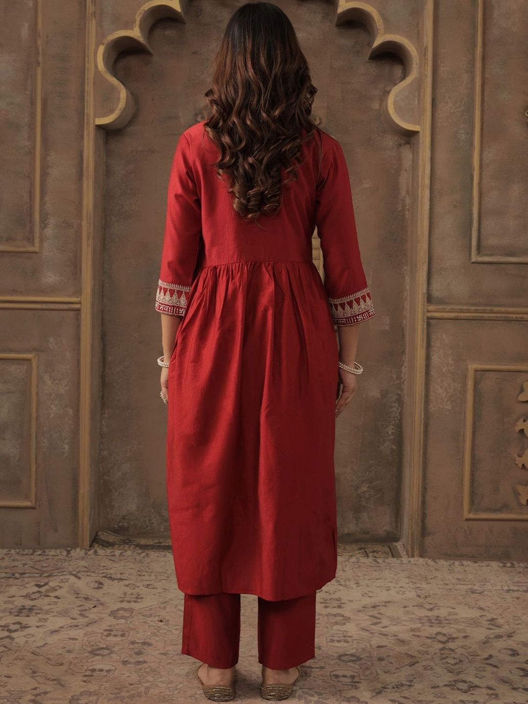 Women Solid A-Line Kurta with Trousers