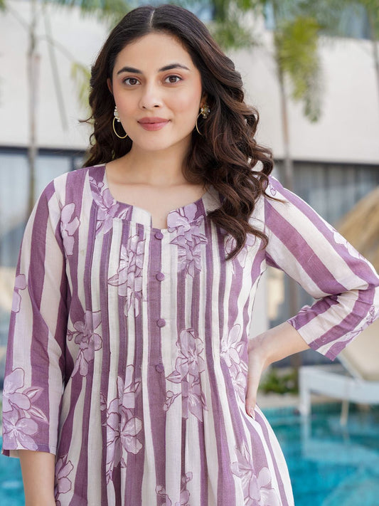 Dhiyona IE Floral Printed Notch Neck Pure Cotton A-Line Kurta With Trousers