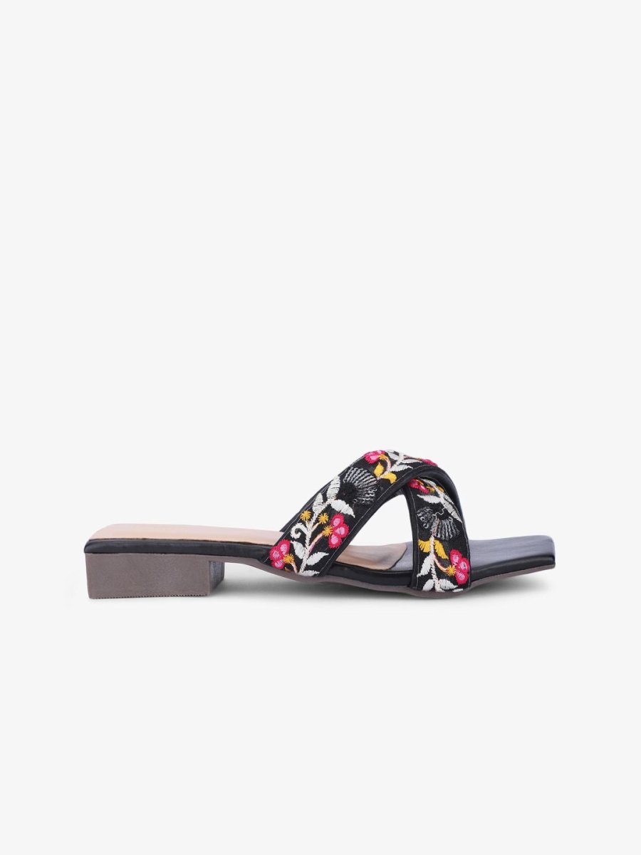 Dhiyona AK Black & Pink Embroidered Open Toe Flats