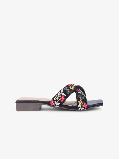 Dhiyona AK Black & Pink Embroidered Open Toe Flats