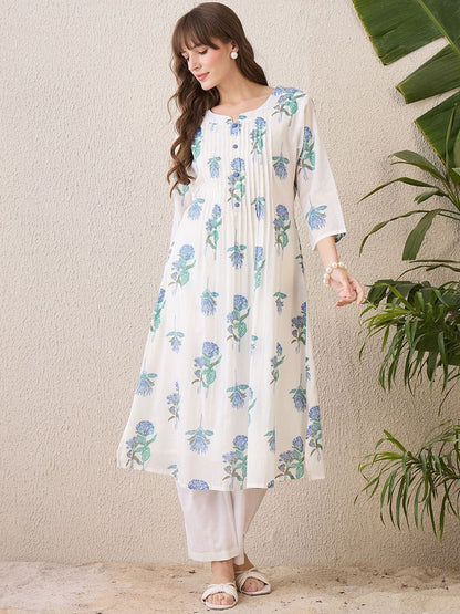 Dhiyona IE Floral Printed Round Neck Pure Cotton A-Line Kurta With Trouser