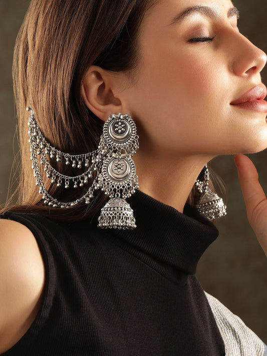 Dhiyona RJ Women's Oxidised Silver Plated Ghumroo Beaded Dome Jhumka with Triple Layer Hair Chain