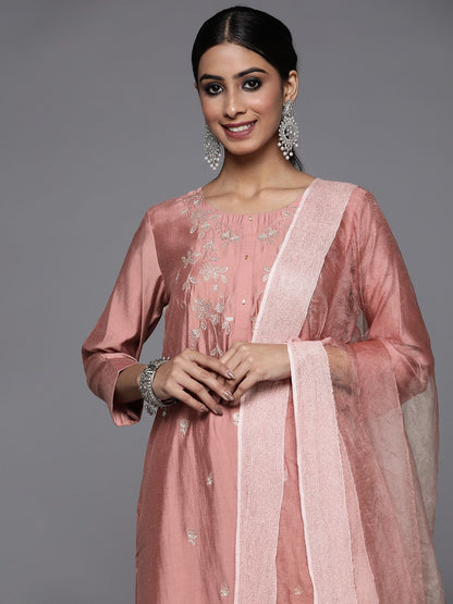 Dhiyona VA Women's Dusty Rose Pink Ethnic Motifs Embroidered Sequinned Kurta Trousers & Dupatta