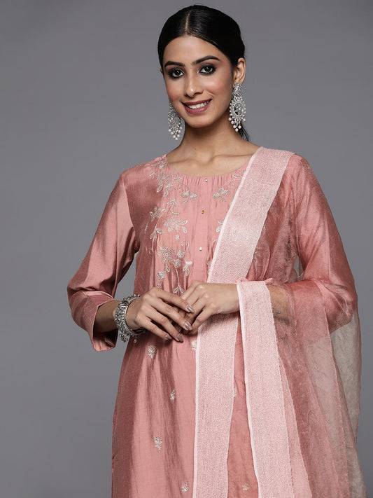 Dhiyona VA Women's Dusty Rose Pink Ethnic Motifs Embroidered Sequinned Kurta Trousers & Dupatta