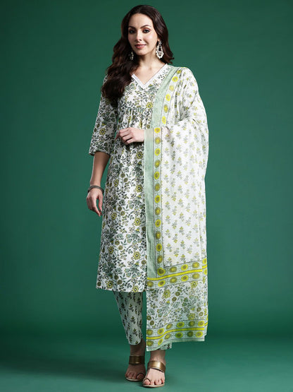 Women Floral Printed Pleated Pure Cotton Kurta with Trousers & With Dupatta