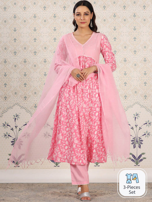 Dhiyona OD  Floral Printed Empire Pure Cotton Kurta with Pyjamas & Dupatta