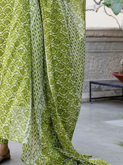 Dhiyona IE Floral Printed V-Neck Pure Cotton Straight Kurta With Trouser And Dupatta