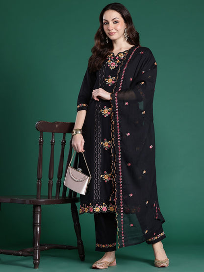 Dhiyona IE Floral Embroidered Pure Cotton Kurta with Trousers & Dupatta