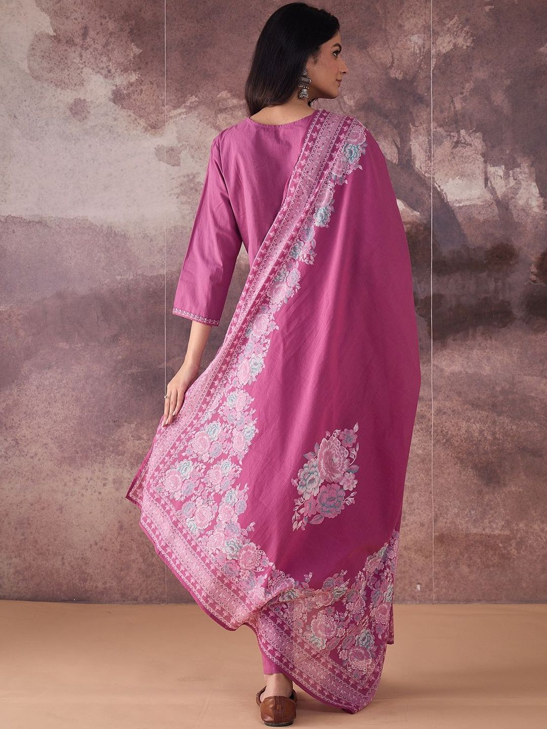 Ethnic Motifs Embroidered V-Neck Thread Work Cotton Kurta With Trousers & Dupatta