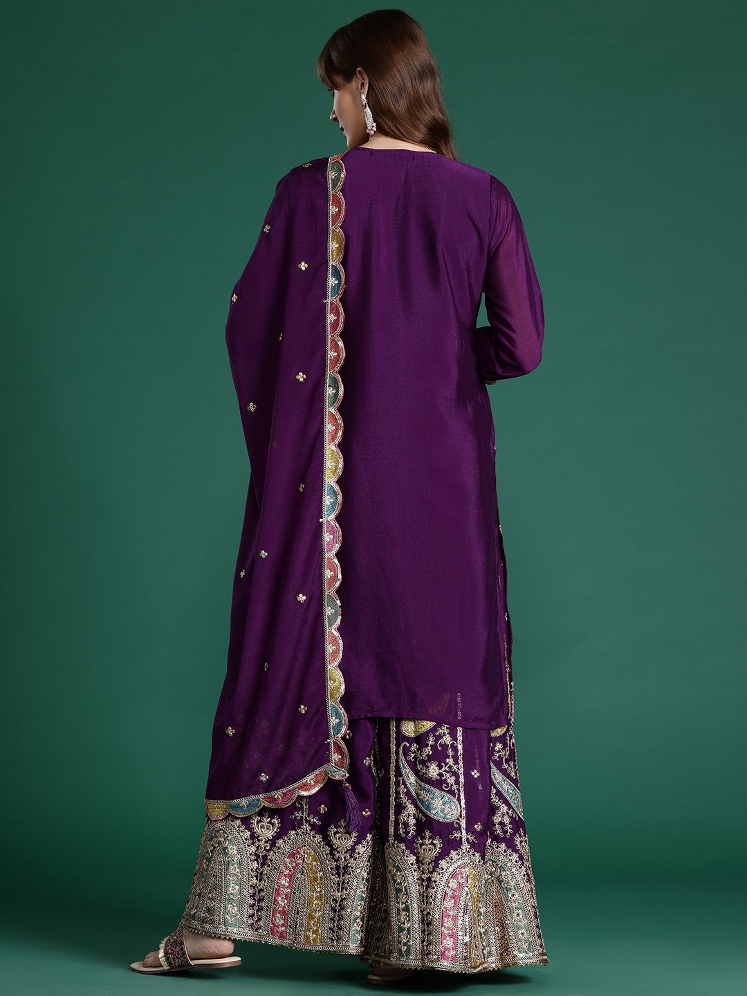Paisley Embroidered Sequinned Kurta with Palazzos & With Dupatta