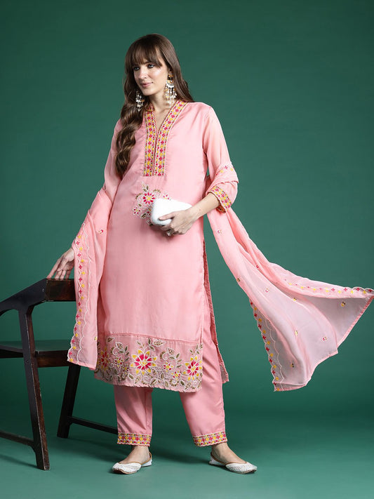 Dhiyona IE Floral Embroidered Regular Sequinned Kurta with Trousers & Dupatta