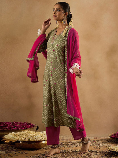 Dhiyona IE Bandhani Printed Pure Cotton Kurta With Trousers & Dupatta