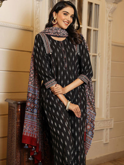Dhiyona IS Women's Ethnic Motifs Printed Pure Cotton Straight Kurta With Trouser & Dupatta