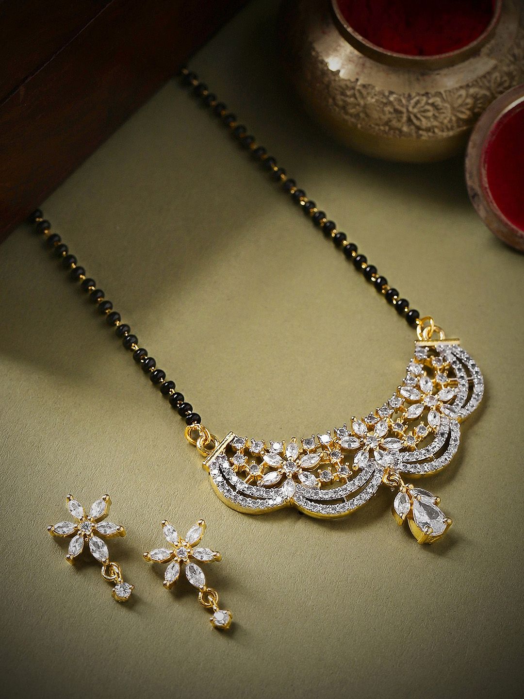 Dhiyona RJ Women's 22K Gold-Plated AD & Cubic Zirconia Studded Black Beaded Floral Mangalsutra Set
