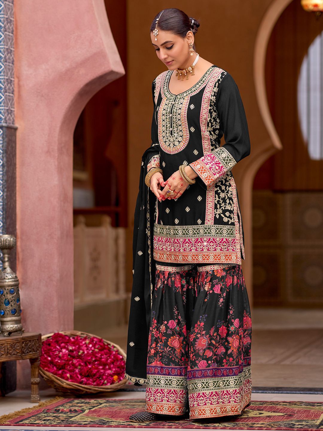 Dhiyona IE Floral Embroidered Sequinned Straight Kurta With Sharara & Dupatta
