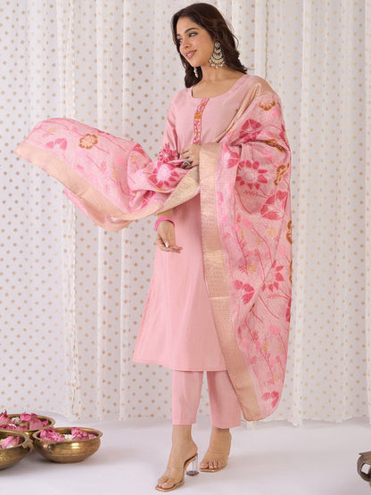 Dhiyona IE Floral Yoke Design Embroidered Thread Work Straight Kurta With Trousers & Dupatta