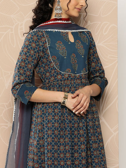 Dhiyona VA Women'sFloral Printed Empire Pure Cotton Kurta With Trousers & Dupatta