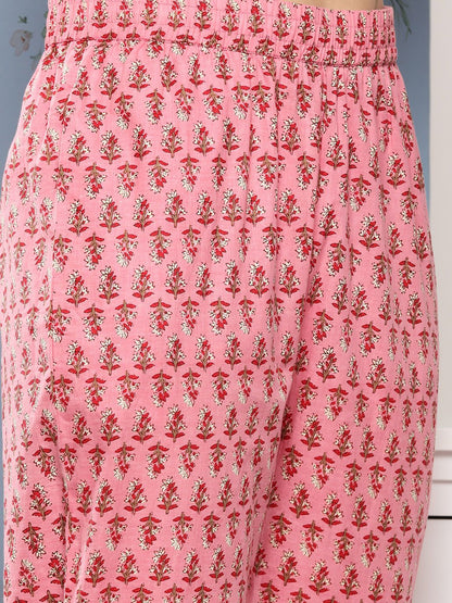 Dhiyona VA Women's Pink Floral Printed Gotta Patti Pure Cotton Kurta with Trousers & With Dupatta